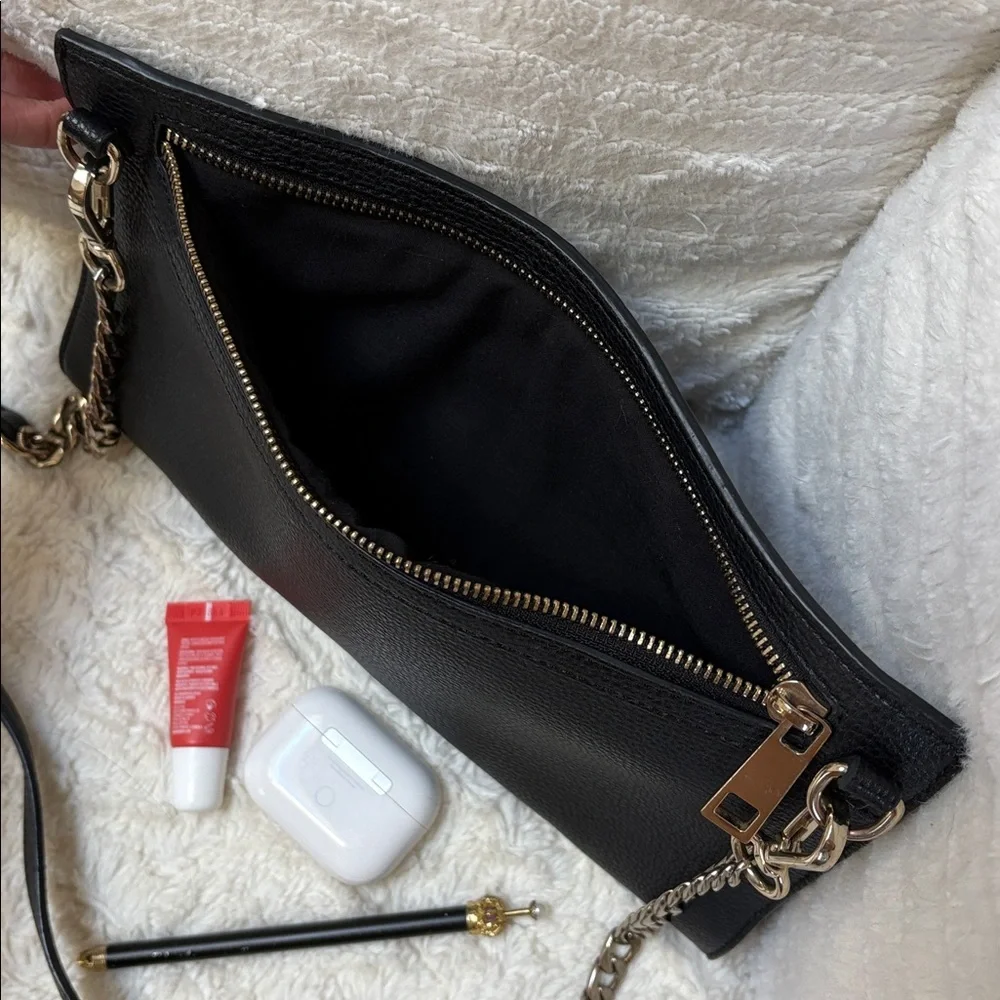 Black Faux Leather Crossbody Bag with Gold Accents and Zippers - Picture 4 of 7